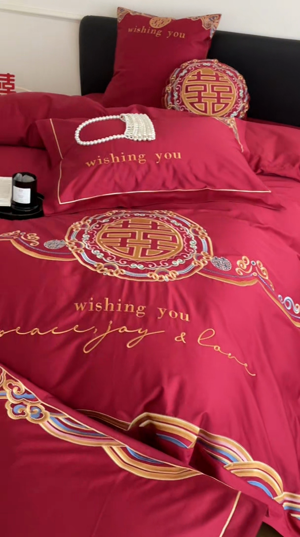 91家纺网 家纺一手货源 找家纺 （总）西西家居 2023新款新中式大红婚庆100支澳棉四件套-囍愿