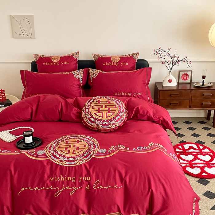 91家纺网 家纺一手货源 找家纺 （总）西西家居 2023新款新中式大红婚庆100支澳棉四件套-囍愿