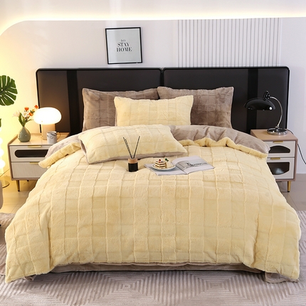 富之航家纺 2023新款兔毛牛奶绒四件套 奶酪黄+卡其