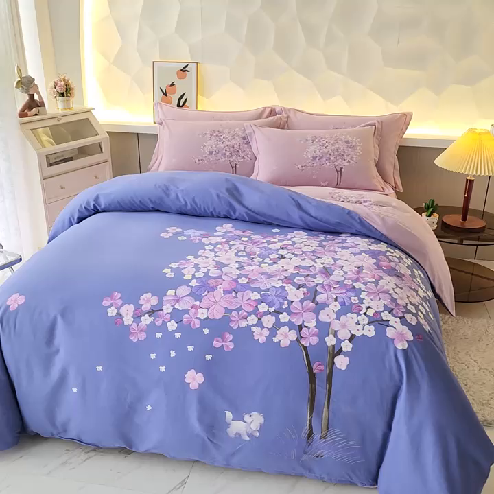 91家纺网 家纺一手货源 找家纺 雲归梦 2023年新款加厚全棉生态磨毛大版四件套许愿树 蓝
