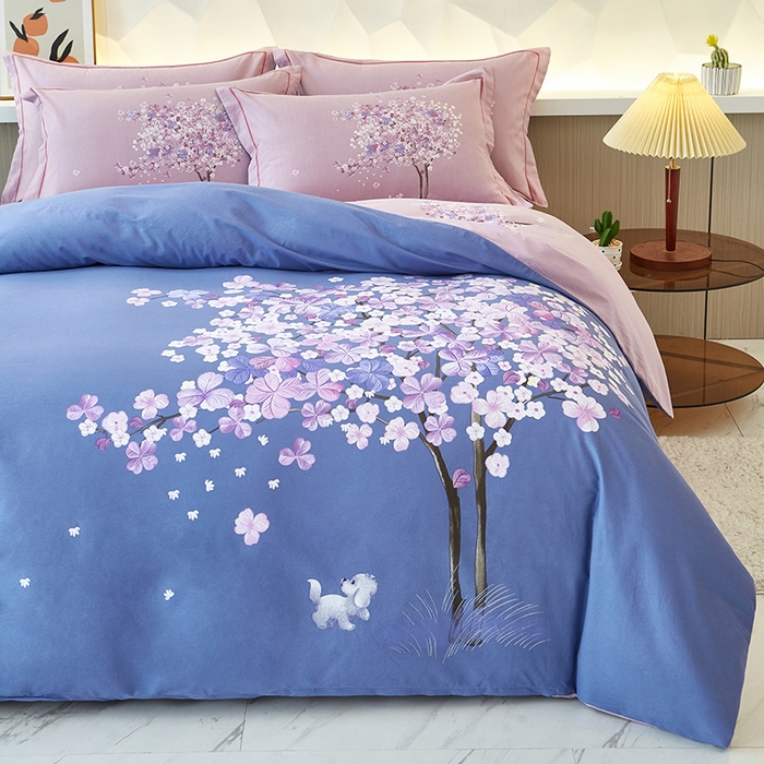 91家纺网 家纺一手货源 找家纺 雲归梦 2023年新款加厚全棉生态磨毛大版四件套许愿树 蓝