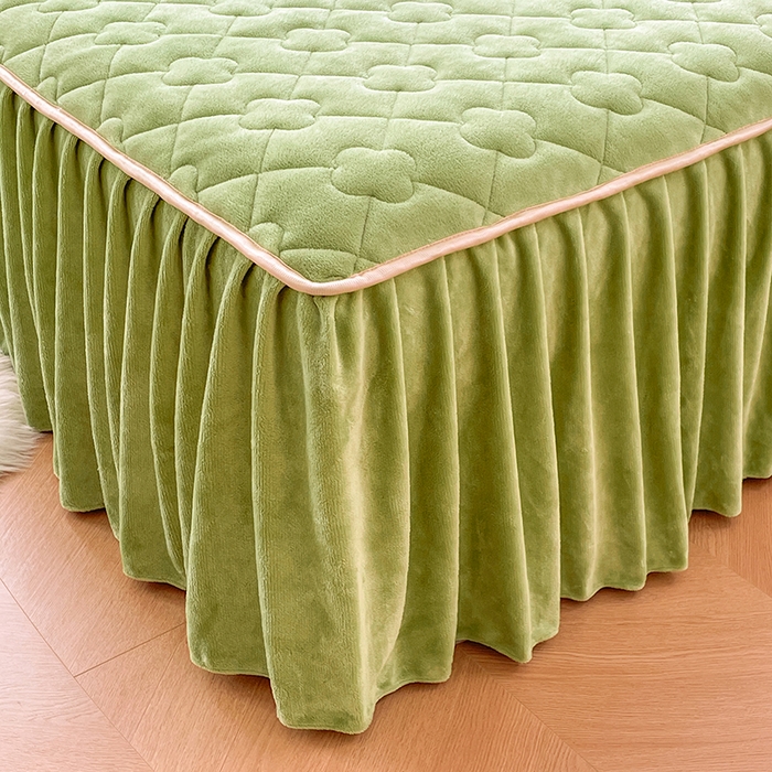 91家纺网 家纺一手货源 找家纺 梦舒羽 牛奶绒夹棉床裙床罩床单床盖床护垫套三件套 芥末绿