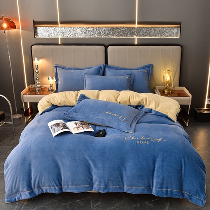 91家纺网 家纺一手货源 找家纺 笙意家纺 2025新款牛奶绒刺绣四件套-爱丁堡系列 爱丁堡-宾利蓝+奶茶