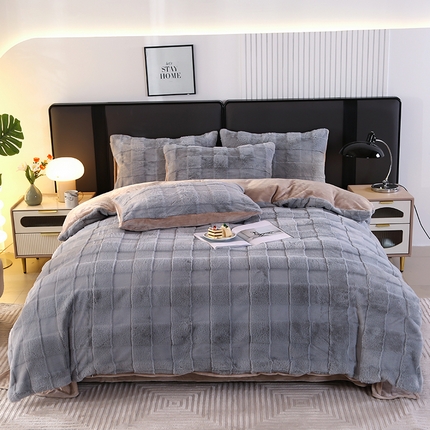 91家纺网 家纺一手货源 找家纺 富之航家纺 2023新款兔毛牛奶绒四件套 雾霾蓝+卡其