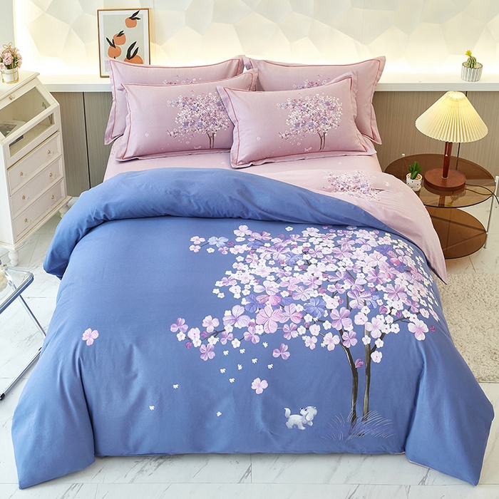 91家纺网 家纺一手货源 找家纺 雲归梦 2023年新款加厚全棉生态磨毛大版四件套许愿树 蓝