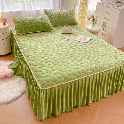 圣比熊 牛奶绒夹棉床裙床罩床单床盖床护垫套三件套 芥末绿