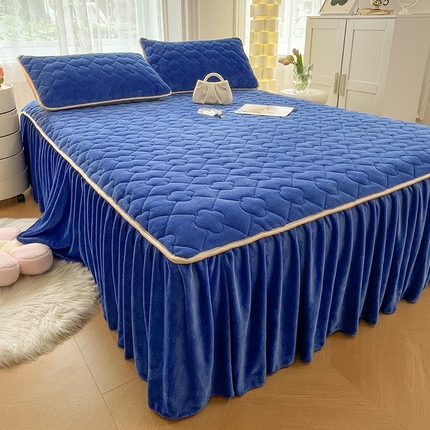 圣比熊 牛奶绒夹棉床裙床罩床单床盖床护垫套三件套 深海蓝