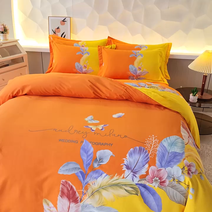 91家纺网 家纺一手货源 找家纺 雲归梦 2023年新款加厚全棉生态磨毛大版四件套美悦东方 黄