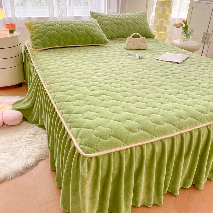 91家纺网 家纺一手货源 找家纺 梦舒羽 牛奶绒夹棉床裙床罩床单床盖床护垫套三件套 芥末绿