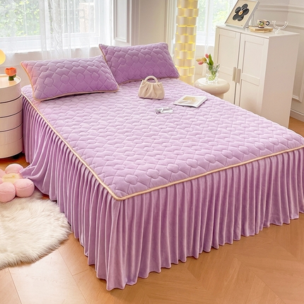圣比熊 牛奶绒夹棉床裙床罩床单床盖床护垫套三件套 玫瑰紫