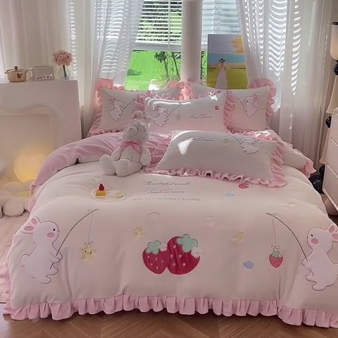 91家纺网 家纺一手货源 找家纺 （总）绒世界 2024新款牛奶绒摘星兔贴布绣牛奶绒四件套