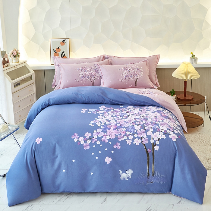 91家纺网 家纺一手货源 找家纺 雲归梦 2023年新款加厚全棉生态磨毛大版四件套许愿树 蓝