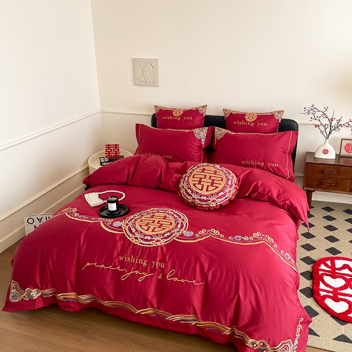 91家纺网 家纺一手货源 找家纺 （总）西西家居 2023新款新中式大红婚庆100支澳棉四件套-囍愿