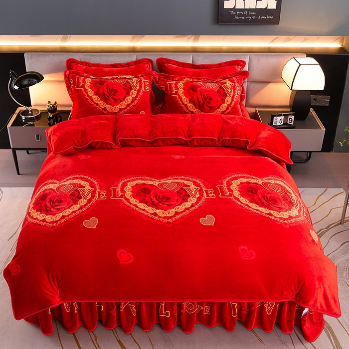 91家纺网 家纺一手货源 找家纺 金柚子 2024新款加厚牛奶绒四件套 百年好合