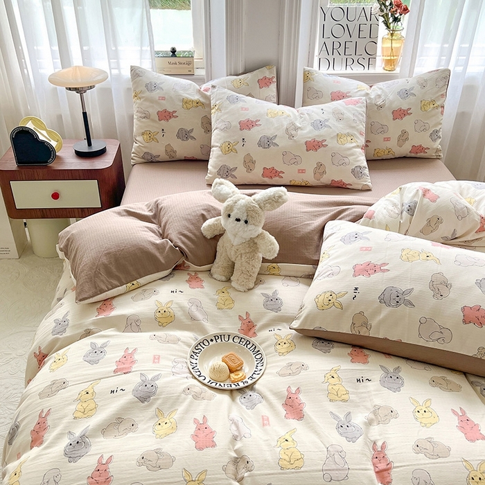 91家纺网 家纺一手货源 找家纺 妖妖家纺 2023新款有氧提花小竺棉印花四件套 多彩兔