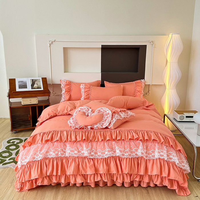 91家纺网 家纺一手货源 找家纺 言熙居 2023新款多巴胺加厚磨毛韩版床裙小清新风四件套 多巴胺-桔