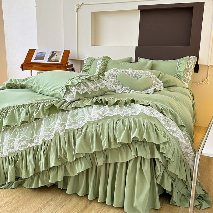 91家纺网 家纺一手货源 找家纺 言熙居 2023新款多巴胺加厚磨毛韩版床裙小清新风四件套 多巴胺-绿