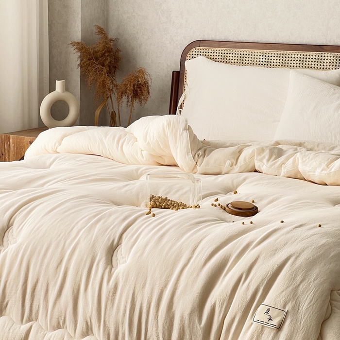 91家纺网 家纺一手货源 找家纺 （总）安莱生活 2023新款A类母婴级全棉亲肤皱纱双层纱不染色大豆被