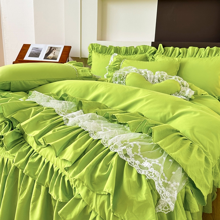 91家纺网 家纺一手货源 找家纺 言熙居 2023新款多巴胺加厚磨毛韩版床裙小清新风四件套 多巴胺-荧光绿