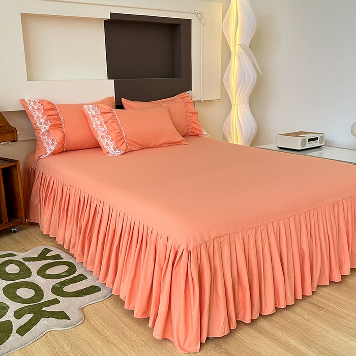 91家纺网 家纺一手货源 找家纺 言熙居 2023新款多巴胺加厚磨毛韩版床裙小清新风四件套 多巴胺-桔