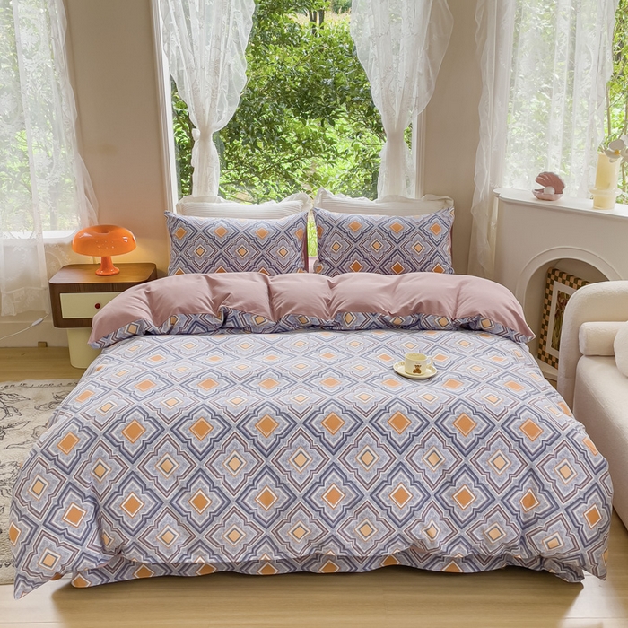 91家纺网 家纺一手货源 找家纺 感遇家纺 2023新款印花系列全棉生态磨毛加厚四件套 春桃粉