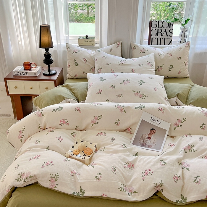 91家纺网 家纺一手货源 找家纺 妖妖家纺 2023新款有氧提花小竺棉印花四件套 花儿清幽