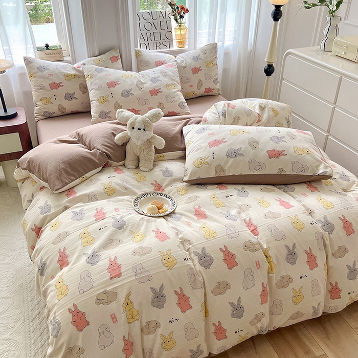 91家纺网 家纺一手货源 找家纺 妖妖家纺 2023新款有氧提花小竺棉印花四件套 多彩兔