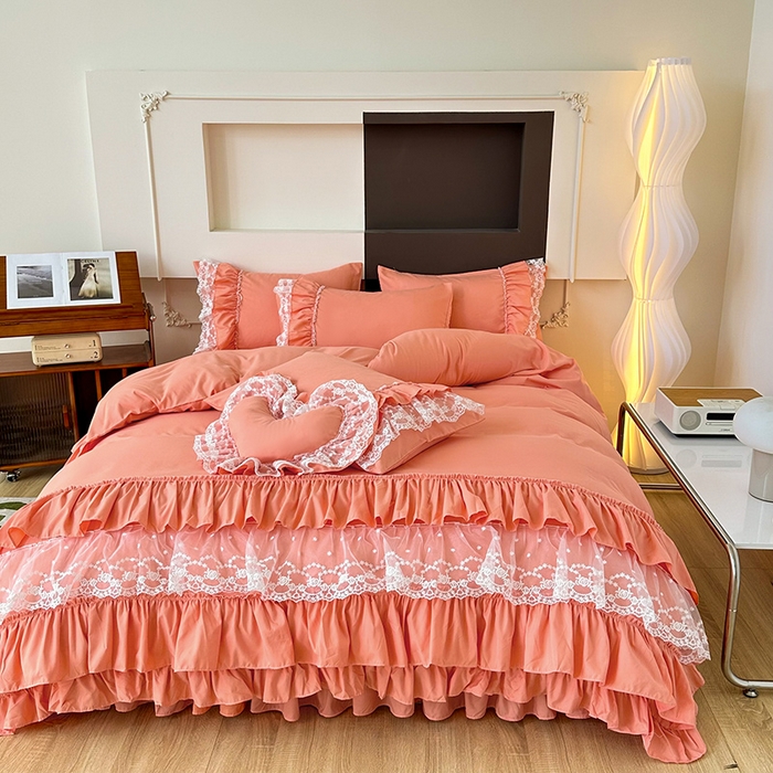 91家纺网 家纺一手货源 找家纺 言熙居 2023新款多巴胺加厚磨毛韩版床裙小清新风四件套 多巴胺-桔