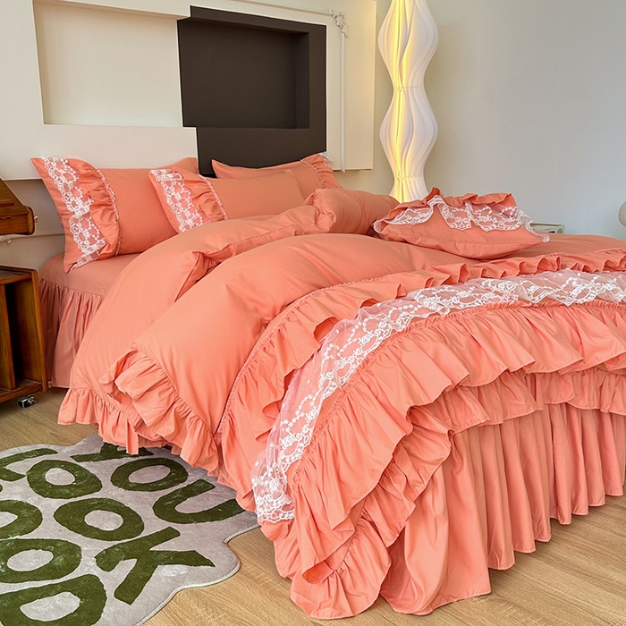 91家纺网 家纺一手货源 找家纺 言熙居 2023新款多巴胺加厚磨毛韩版床裙小清新风四件套 多巴胺-桔