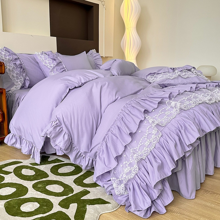 91家纺网 家纺一手货源 找家纺 言熙居 2023新款多巴胺加厚磨毛韩版床裙小清新风四件套 多巴胺-紫