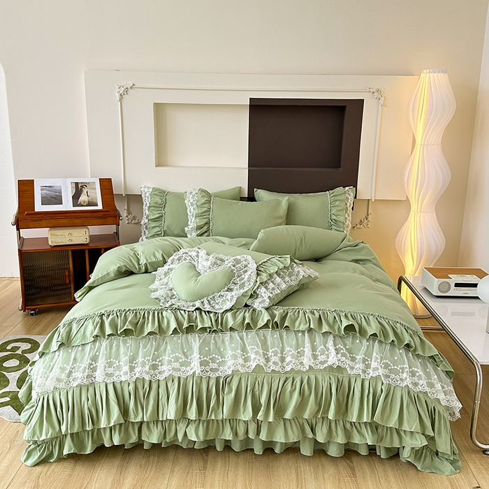 91家纺网 家纺一手货源 找家纺 言熙居 2023新款多巴胺加厚磨毛韩版床裙小清新风四件套 多巴胺-绿