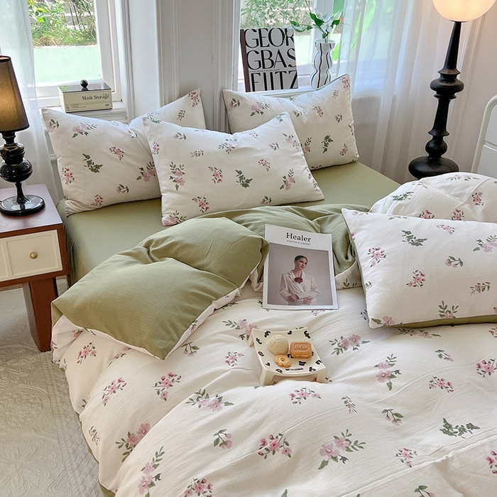 91家纺网 家纺一手货源 找家纺 妖妖家纺 2023新款有氧提花小竺棉印花四件套 花儿清幽