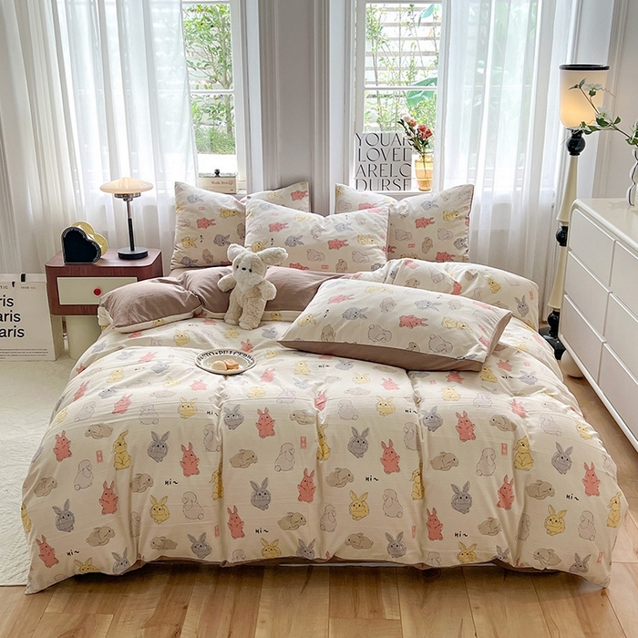 91家纺网 家纺一手货源 找家纺 妖妖家纺 2023新款有氧提花小竺棉印花四件套 多彩兔