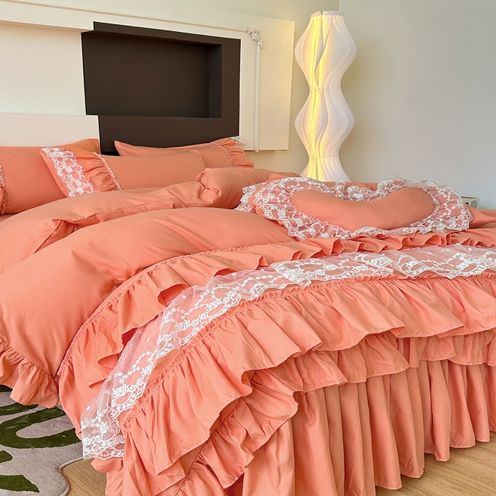 91家纺网 家纺一手货源 找家纺 言熙居 2023新款多巴胺加厚磨毛韩版床裙小清新风四件套 多巴胺-桔