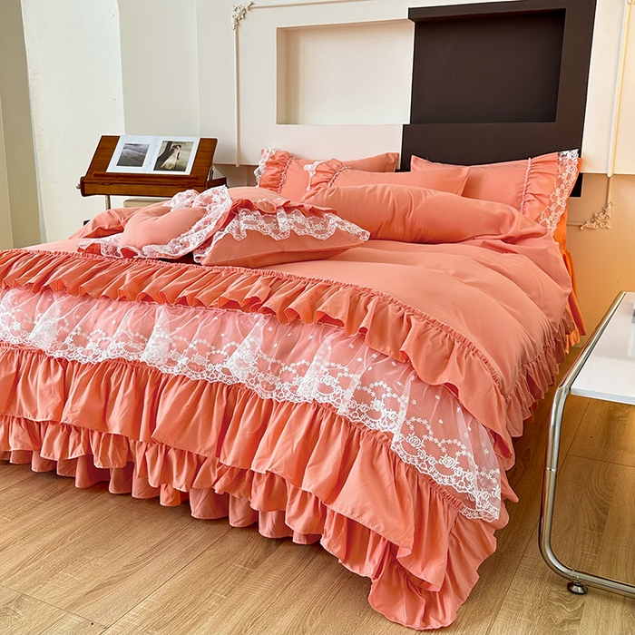 91家纺网 家纺一手货源 找家纺 言熙居 2023新款多巴胺加厚磨毛韩版床裙小清新风四件套 多巴胺-桔