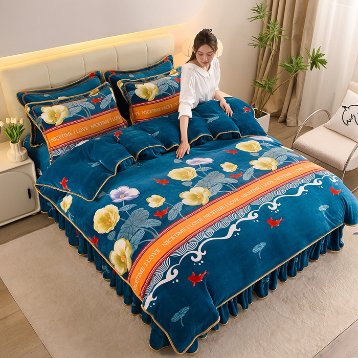 91家纺网 家纺一手货源 找家纺 金柚子 2024新款加厚牛奶绒四件套 荷塘月色