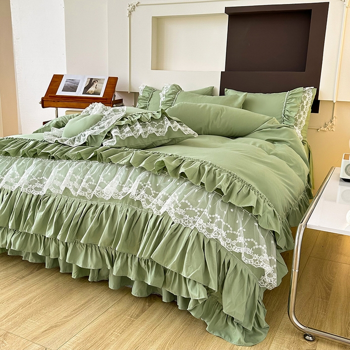 91家纺网 家纺一手货源 找家纺 言熙居 2023新款多巴胺加厚磨毛韩版床裙小清新风四件套 多巴胺-绿