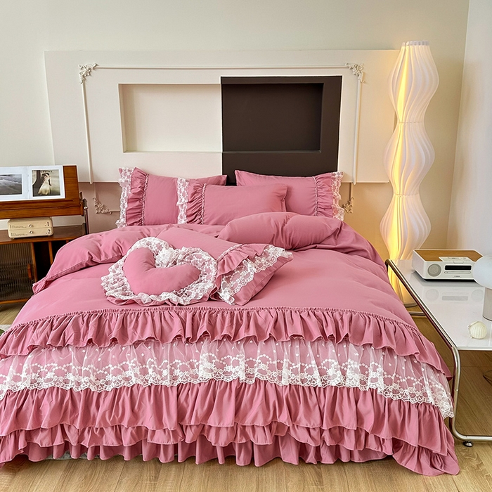 91家纺网 家纺一手货源 找家纺 言熙居 2023新款多巴胺加厚磨毛韩版床裙小清新风四件套 多巴胺-皮粉