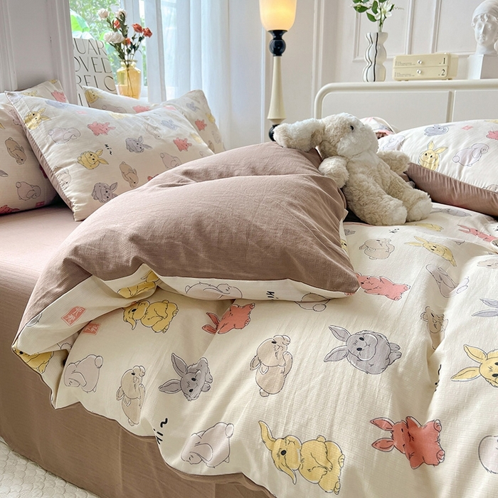 91家纺网 家纺一手货源 找家纺 妖妖家纺 2023新款有氧提花小竺棉印花四件套 多彩兔