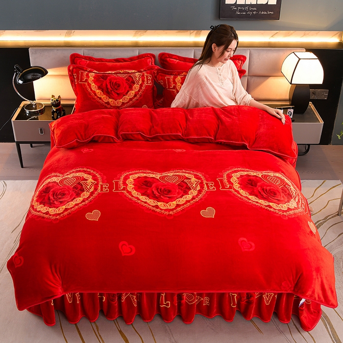 91家纺网 家纺一手货源 找家纺 金柚子 2024新款加厚牛奶绒四件套 百年好合