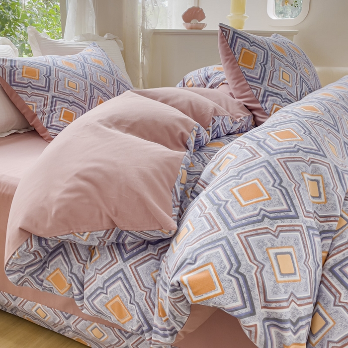 91家纺网 家纺一手货源 找家纺 感遇家纺 2023新款印花系列全棉生态磨毛加厚四件套 春桃粉