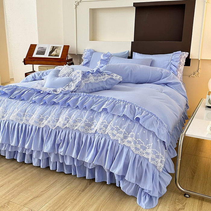 91家纺网 家纺一手货源 找家纺 言熙居 2023新款多巴胺加厚磨毛韩版床裙小清新风四件套 多巴胺-蓝