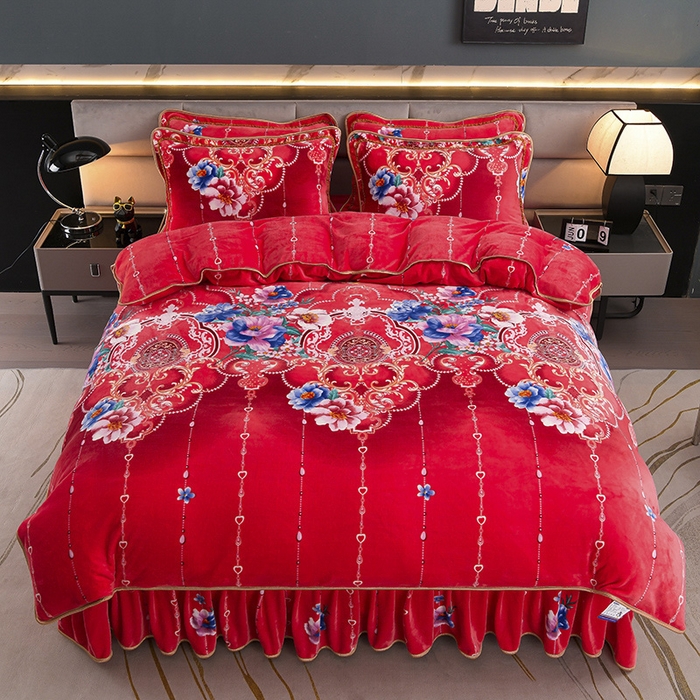 91家纺网 家纺一手货源 找家纺 金柚子 2024新款加厚牛奶绒四件套 卷珠帘