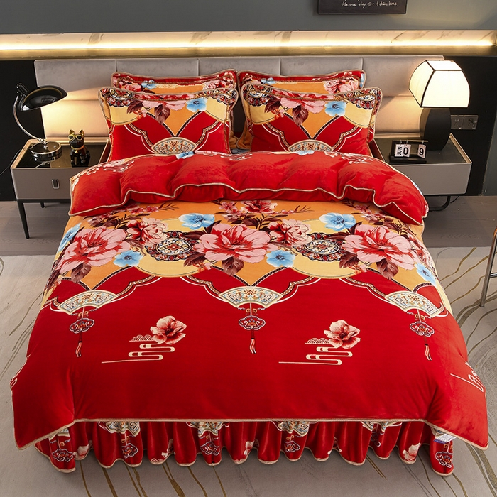 91家纺网 家纺一手货源 找家纺 金柚子 2024新款加厚牛奶绒四件套 繁花嫣然