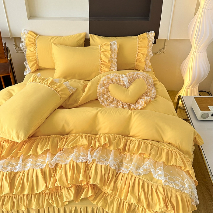 91家纺网 家纺一手货源 找家纺 言熙居 2023新款多巴胺加厚磨毛韩版床裙小清新风四件套 多巴胺-黄