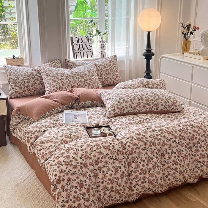 91家纺网 家纺一手货源 找家纺 妖妖家纺 2023新款有氧提花小竺棉印花四件套 花香菲菲