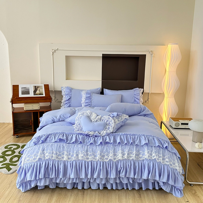 91家纺网 家纺一手货源 找家纺 言熙居 2023新款多巴胺加厚磨毛韩版床裙小清新风四件套 多巴胺-蓝