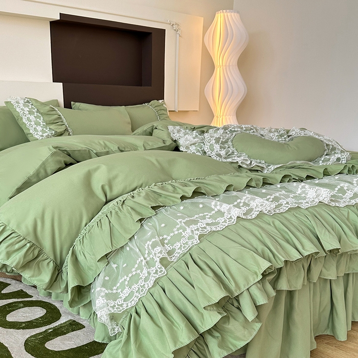 91家纺网 家纺一手货源 找家纺 言熙居 2023新款多巴胺加厚磨毛韩版床裙小清新风四件套 多巴胺-绿