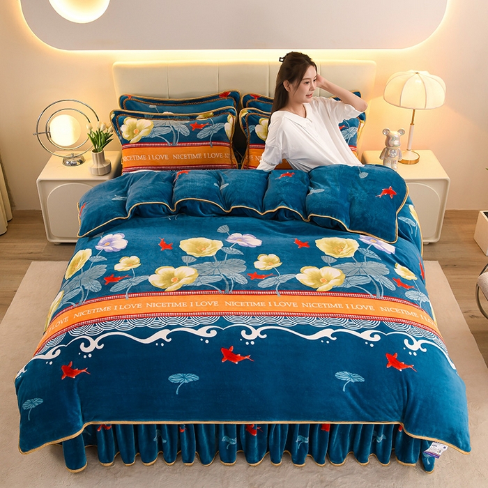 91家纺网 家纺一手货源 找家纺 金柚子 2024新款加厚牛奶绒四件套 荷塘月色