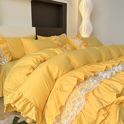 言熙居 2023新款多巴胺加厚磨毛韩版床裙小清新风四件套 多巴胺-黄